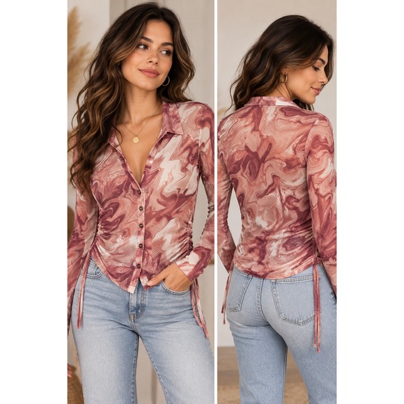 Skönhet Tops - Skönhet Pink Marble Print Mesh Ruched Side Button Down Shirt Y2K Aesthetic
